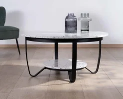 Meuble House Table basse ronde en terrazzo blanc et métal noir "Galatée" Online