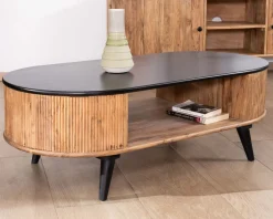Meuble House Table basse vintage design arrondi en acacia naturel et noir "Boogie" Online