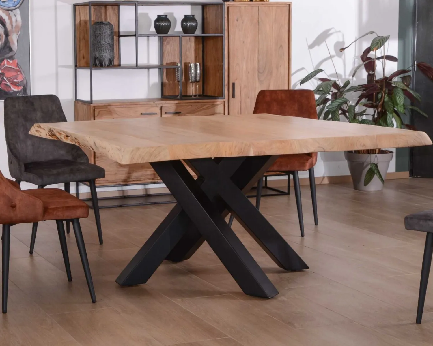 Meuble House Table carrée 150x150 cm acacia naturel massif et métal noir "Baillif" Discount
