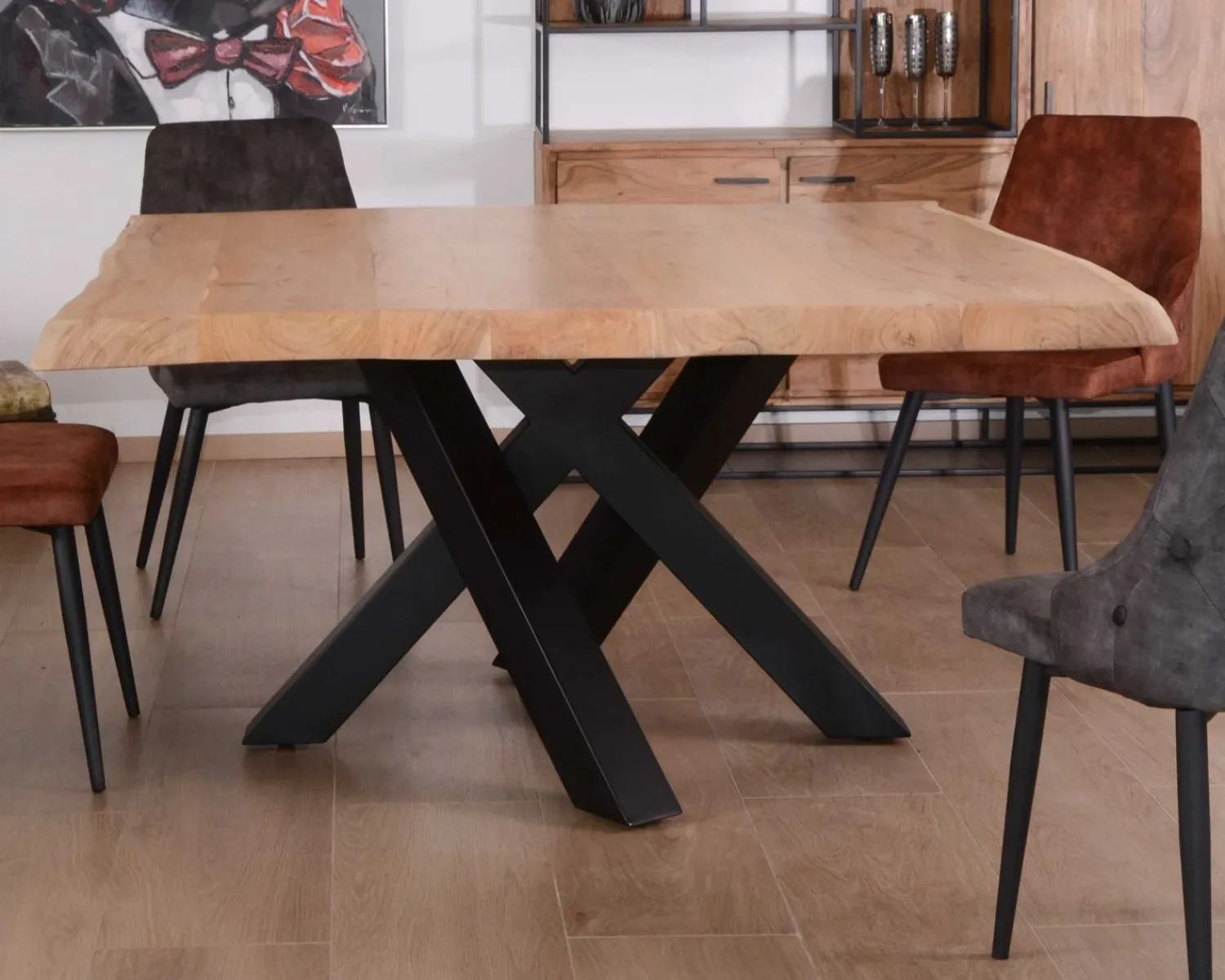 Meuble House Table carrée 150x150 cm acacia naturel massif et métal noir "Baillif" Discount