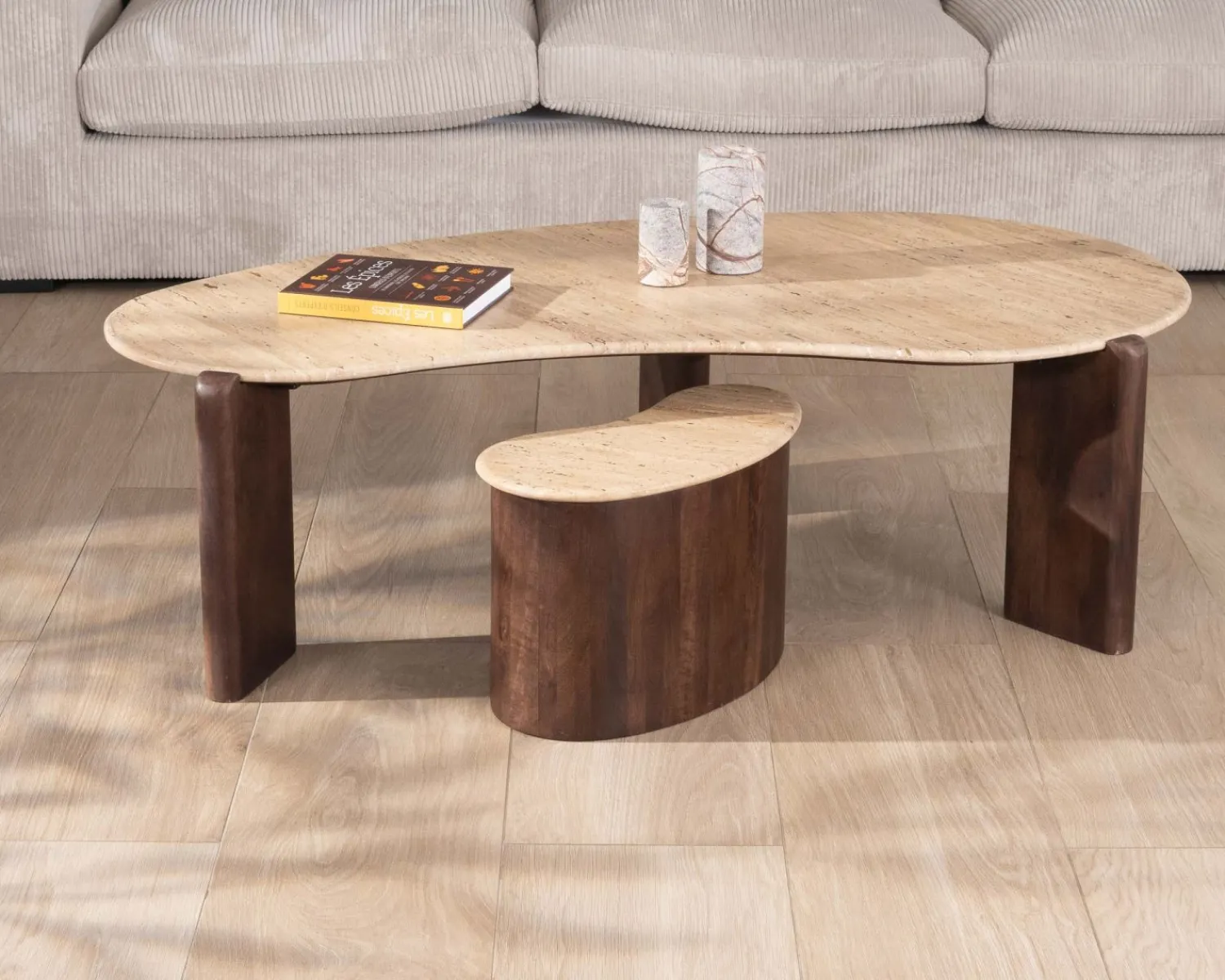 Meuble House Table d'appoint design en travertin et manguier "Archipel" forme naturelle New