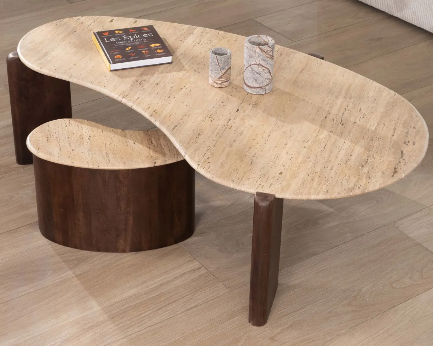 Meuble House Table d'appoint design en travertin et manguier "Archipel" forme naturelle New