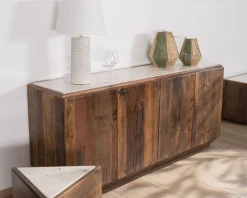 Meuble House Table d'appoint triangulaire en bois recyclé et plateau marbre blanc