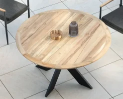Meuble House Table de jardin ronde en teck et pieds croisés en aluminium