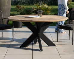 Meuble House Table de jardin ronde en teck et pieds croisés en aluminium