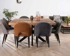 Meuble House Table de repas carrée 140cm acacia finition chevrons pieds métal noir croisés 
