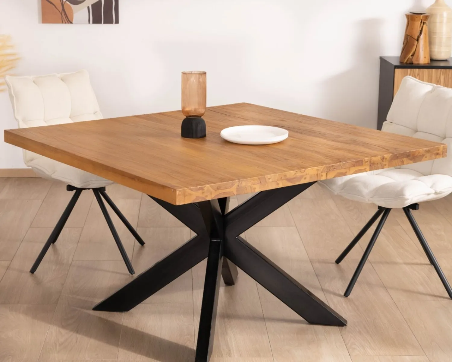 Meuble House Table de repas carrée en teck pied métal 130 cm "Zenia" Best
