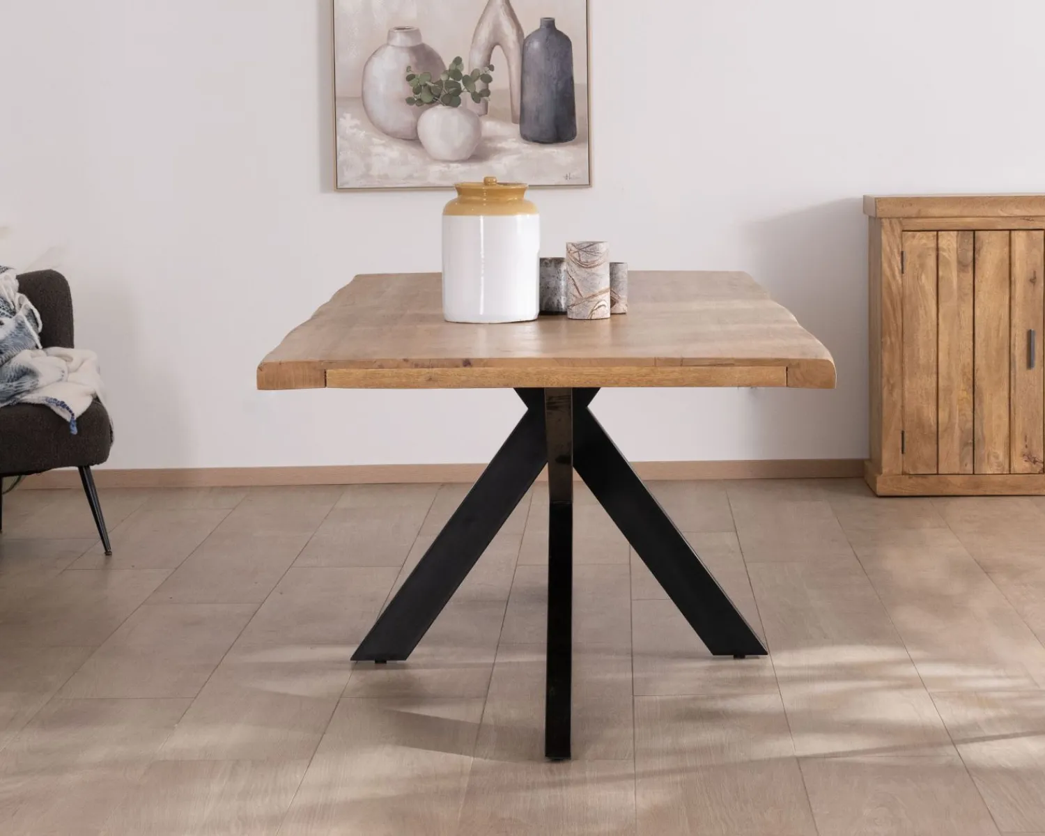 Meuble House Table de repas 200 cm plateau en manguier bords naturels "Presolino" pieds croix métal