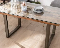 Meuble House Table de repas design en bois recyclé et pieds métal en U "Crescendo" avec plateau verre Hot