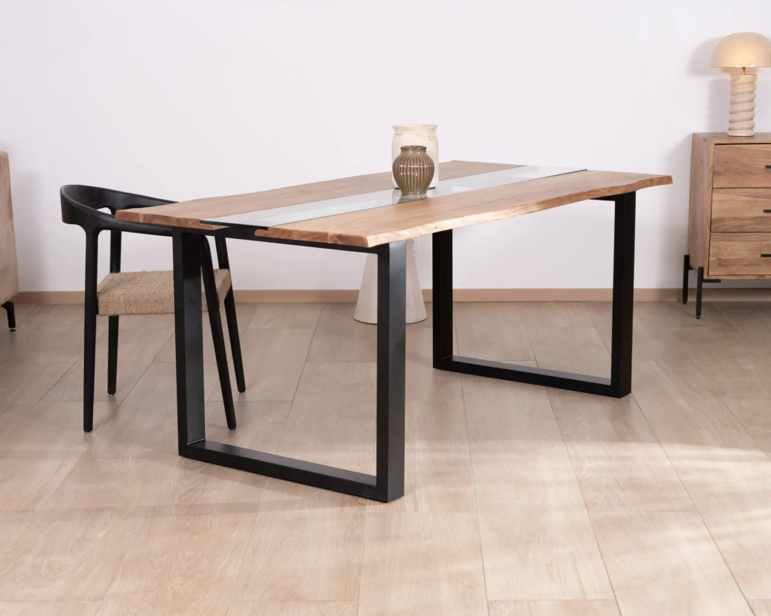 Meuble House Table de repas en acacia avec centre en verre "Novelli" 175 cm Hot