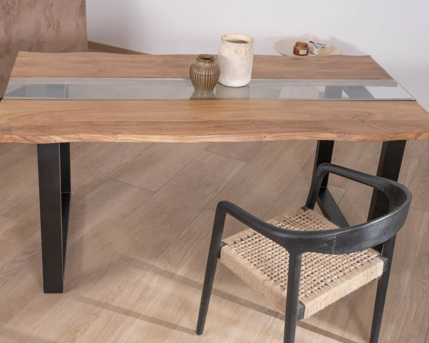 Meuble House Table de repas en acacia avec centre en verre "Novelli" 175 cm Hot