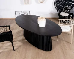 Meuble House Table de repas ovale 210 cm en teck noir pied central ajouré