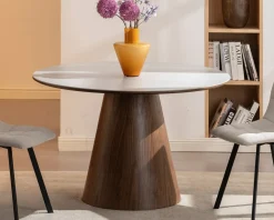 Meuble House Table de repas ronde 120 cm plateau céramique blanc effet marbre 