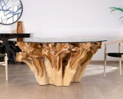 Meuble House Table de repas ronde en racine de teck naturel avec plateau verre "Jungle" Online