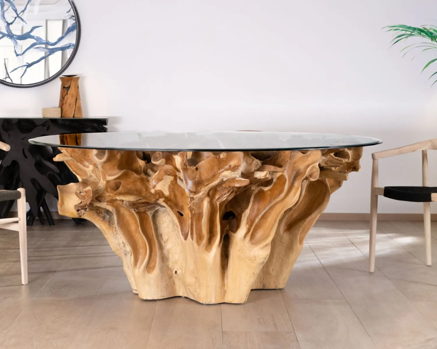 Meuble House Table de repas ronde en racine de teck naturel avec plateau verre "Jungle" Online