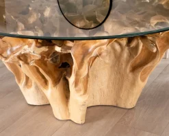 Meuble House Table de repas ronde en racine de teck naturel avec plateau verre