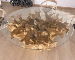 Meuble House Table de repas ronde en racine de teck naturel avec plateau verre