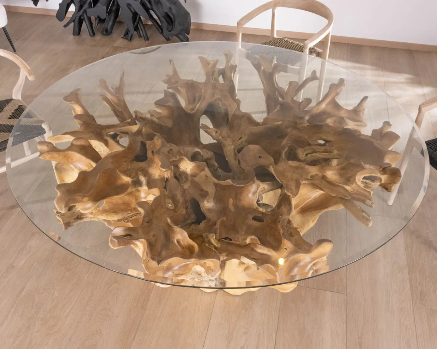 Meuble House Table de repas ronde en racine de teck naturel avec plateau verre "Jungle" Online