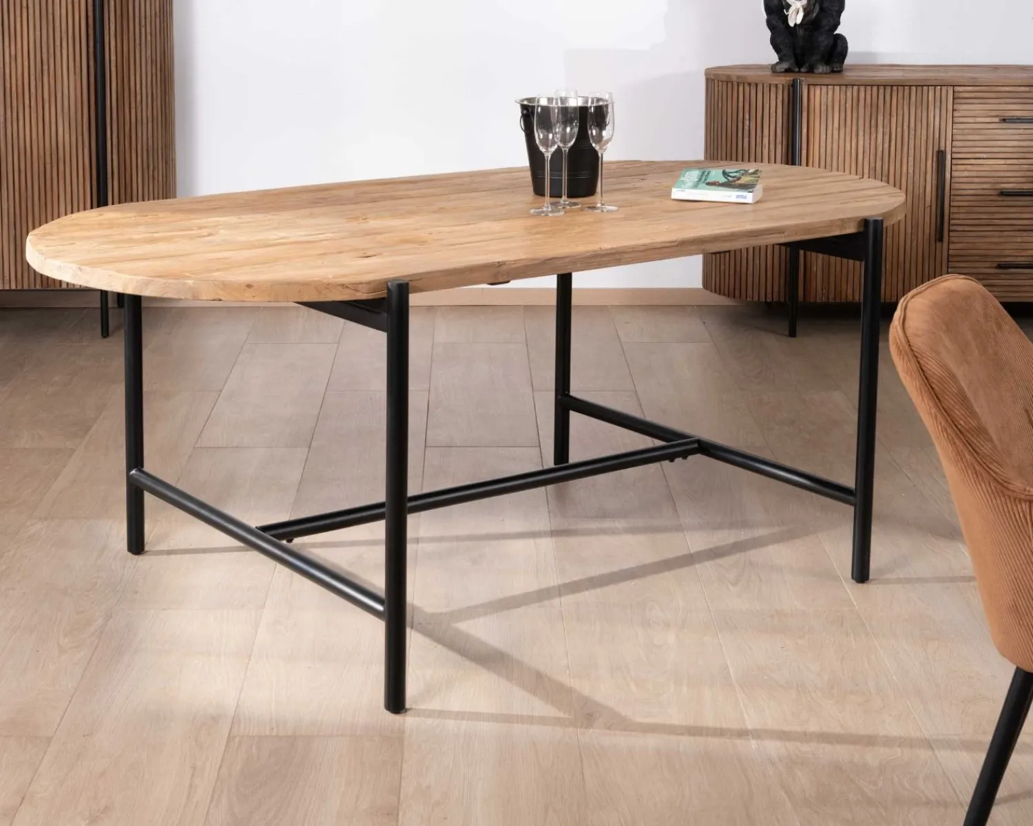 Meuble House Table de salle à manger vintage en teck et métal "Troms" 200 x 100 cm New