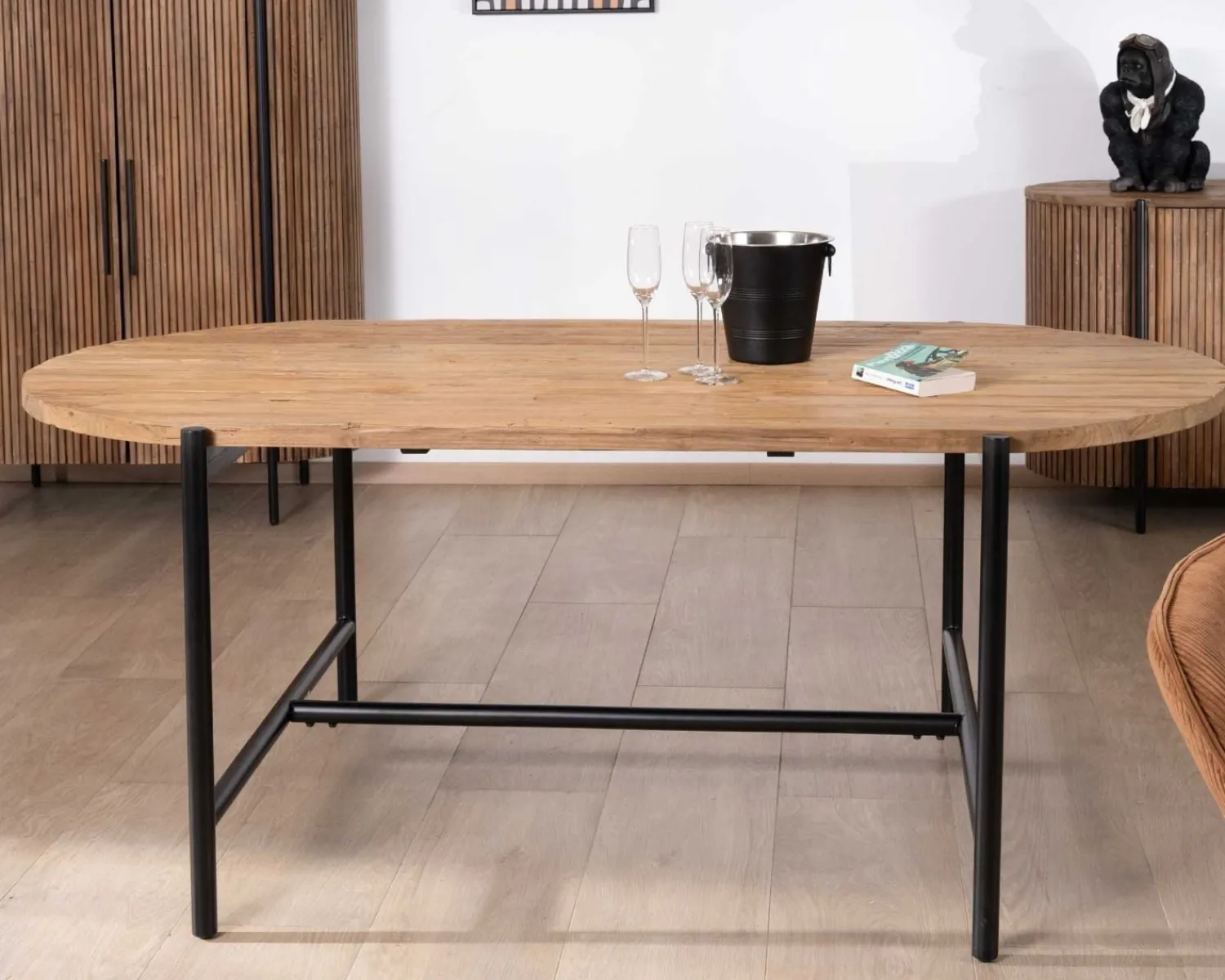 Meuble House Table de salle à manger vintage en teck et métal "Troms" 200 x 100 cm New