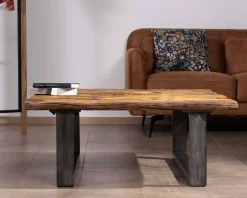 Meuble House Table de salon carrée en bois recyclé naturel plateau verre et pieds U noir antique "Cidade" Online