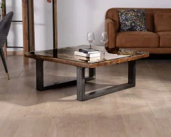 Meuble House Table de salon carrée en bois recyclé naturel plateau verre et pieds U noir antique