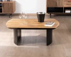 Meuble House Table de salon en teck recyclé et pieds demi sphère en métal noir