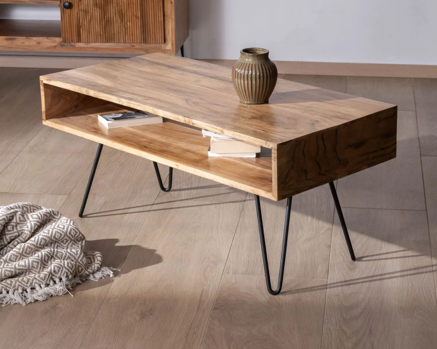 Meuble House Table de salon épurée plateau acacia et niche centrale "Wendy" Sale