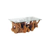Meuble House Table de salon rectangulaire racine en teck et plateau en verre "Roots" New