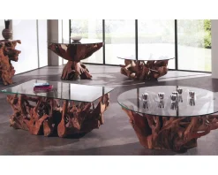 Meuble House Table de salon rectangulaire racine en teck et plateau en verre "Roots" New