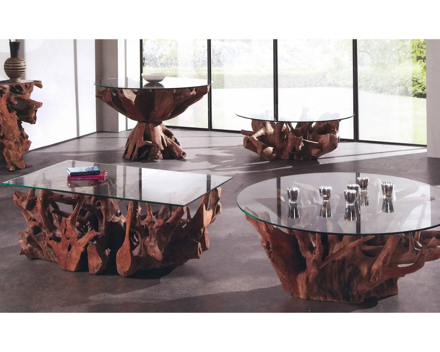Meuble House Table de salon rectangulaire racine en teck et plateau en verre "Roots" New