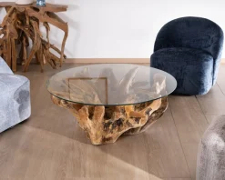 Meuble House Table de salon ronde 110 cm en racine de teck massive avec plateau verre