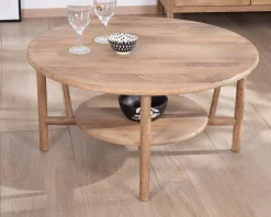 Meuble House Table de salon ronde à double plateau en manguier "Plume" Diamètre 90 cm
