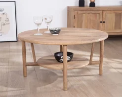 Meuble House Table de salon ronde à double plateau en manguier "Plume" Diamètre 90 cm