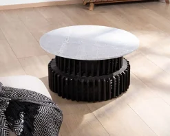 Meuble House Table de salon ronde en bois recyclé et plateau en pierre claire "Népalaise" New