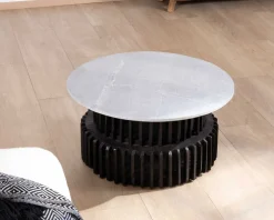 Meuble House Table de salon ronde en bois recyclé et plateau en pierre claire