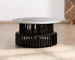 Meuble House Table de salon ronde en bois recyclé et plateau en pierre claire