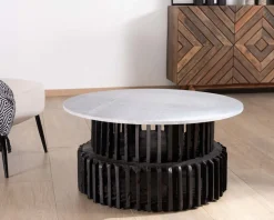 Meuble House Table de salon ronde en bois recyclé et plateau en pierre claire