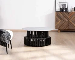 Meuble House Table de salon ronde en bois recyclé et plateau en pierre claire