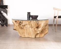 Meuble House Table de salon ronde en racine de teck naturel avec plateau verre "Jungle" Best