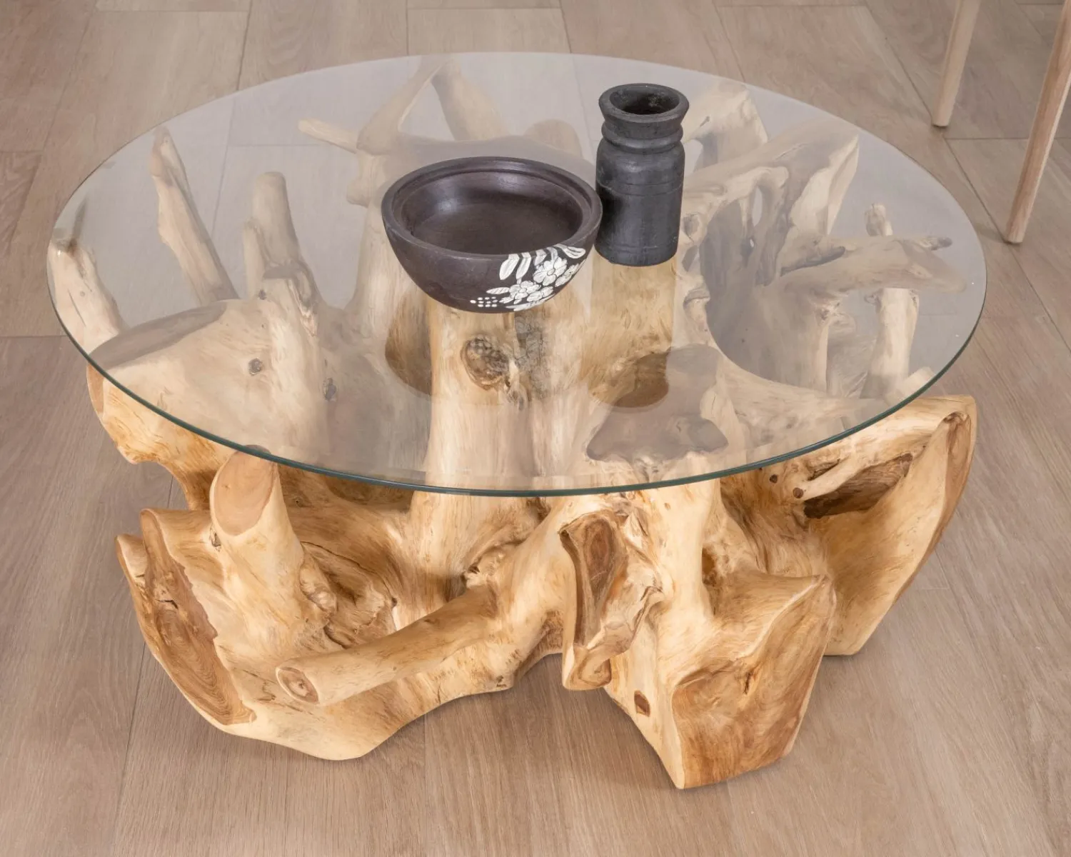 Meuble House Table de salon ronde en racine de teck naturel avec plateau verre "Jungle" Best