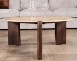 Meuble House Table de salon ronde en travertin et manguier