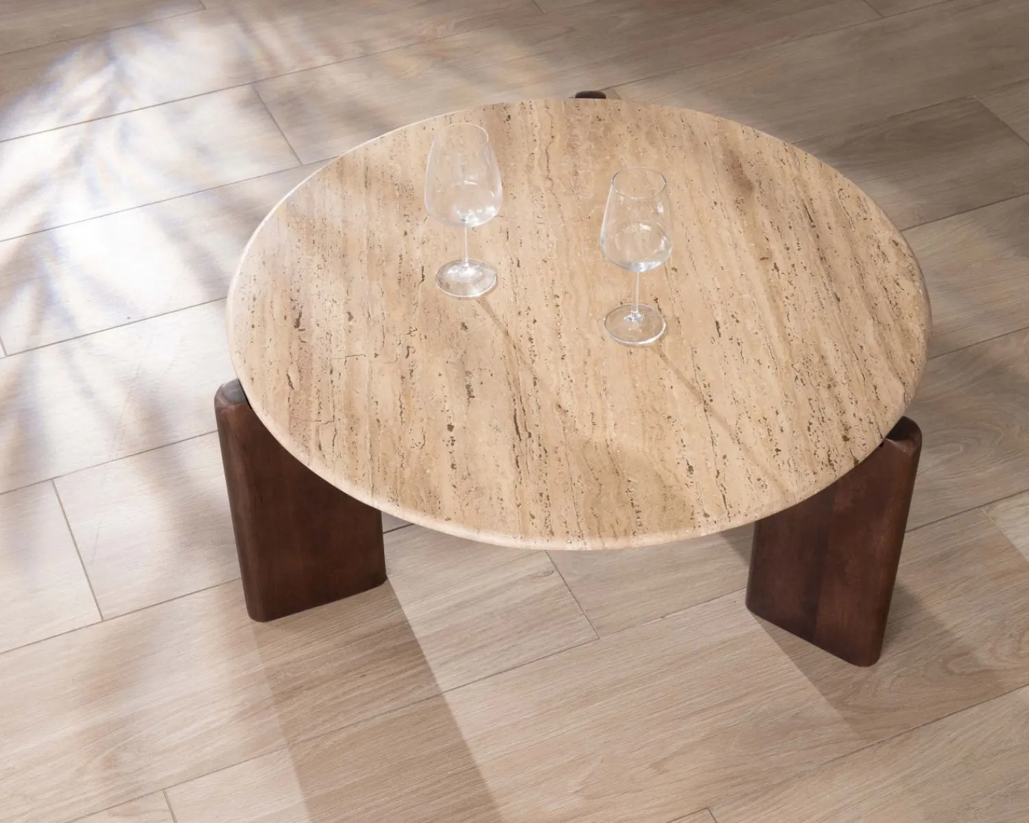 Meuble House Table de salon ronde en travertin et manguier "Archipel" 90 cm Hot