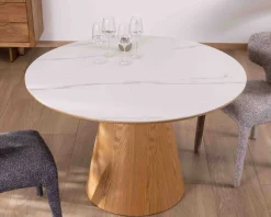 Meuble House Table ronde 120 cm plateau céramique blanc effet marbre "Oria" piètement aspect chêne Discount