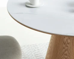Meuble House Table ronde 120 cm plateau céramique blanc effet marbre "Oria" piètement aspect chêne Discount