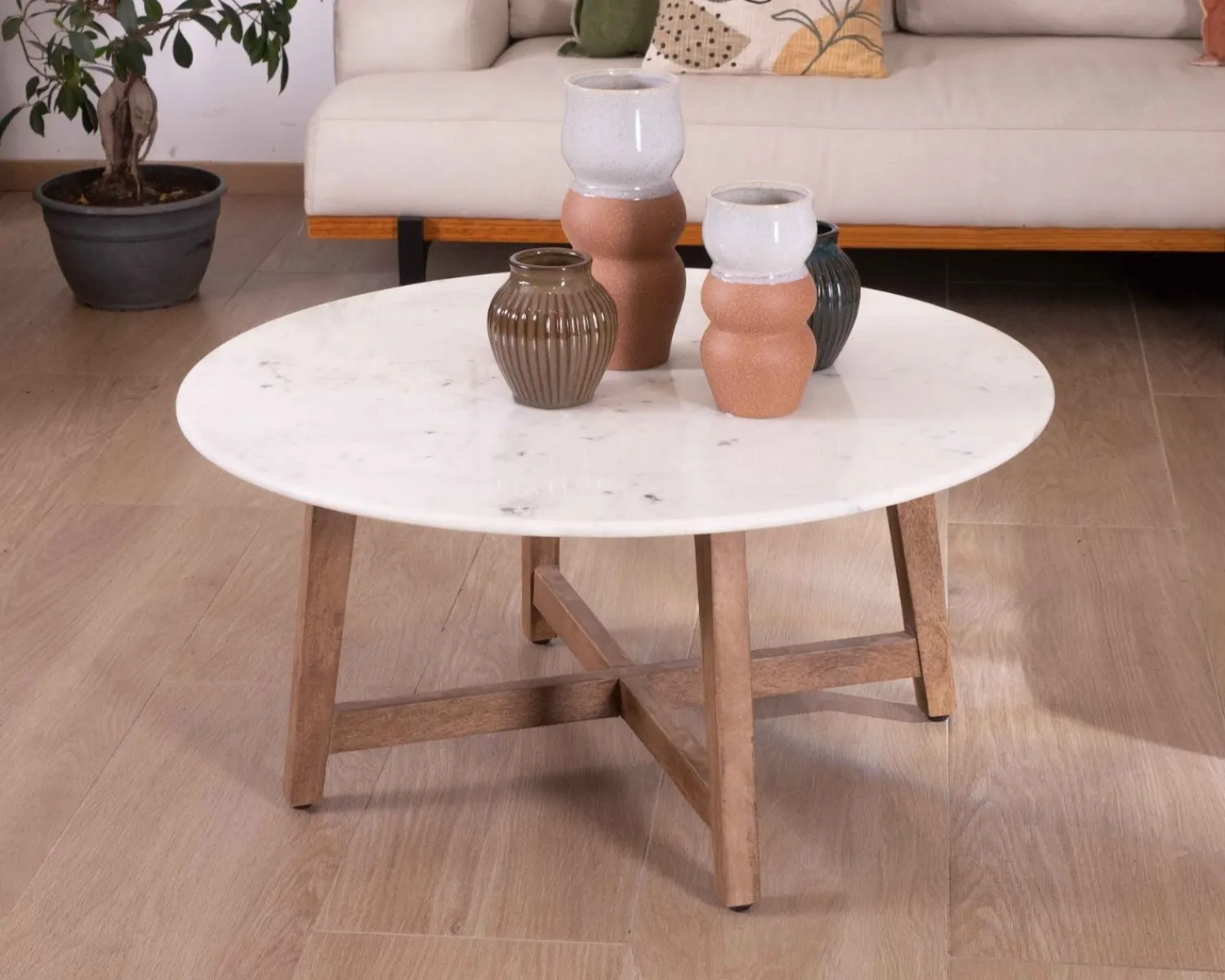 Meuble House Table ronde marbre 90 cm avec pieds obliques en manguier massif "Lor" New