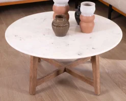 Meuble House Table ronde marbre 90 cm avec pieds obliques en manguier massif