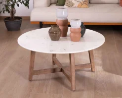 Meuble House Table ronde marbre 90 cm avec pieds obliques en manguier massif