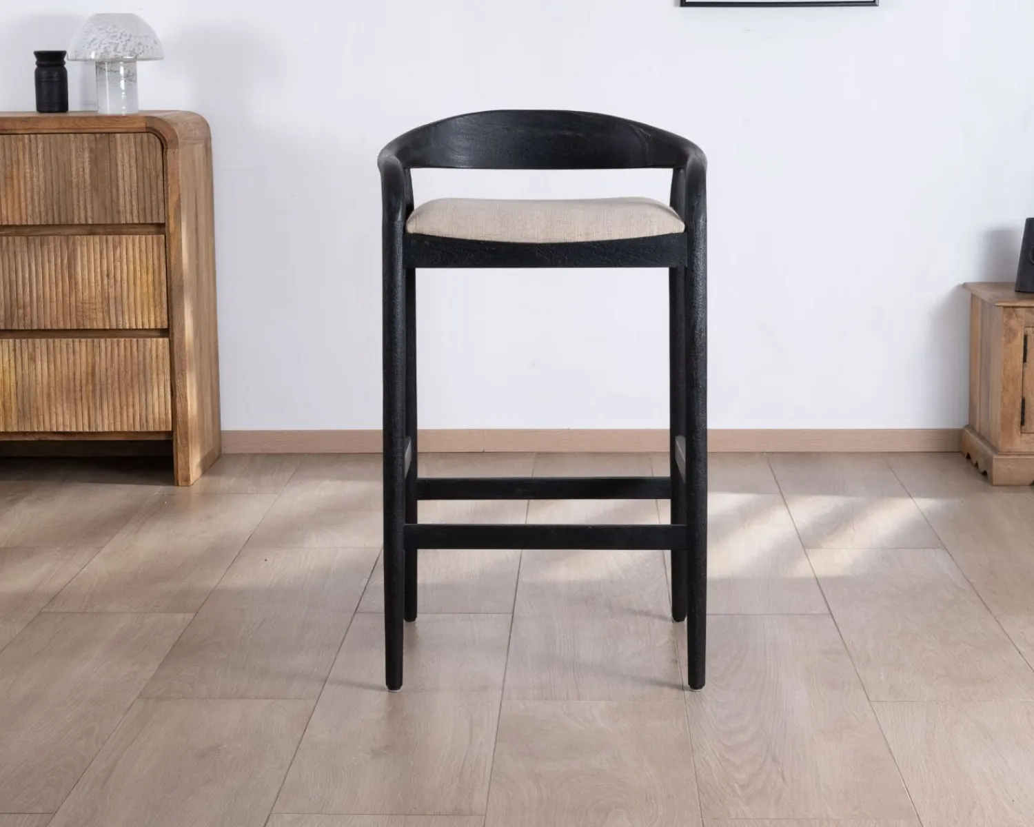 Meuble House Tabouret de bar noir design avec dosseret bois et assise rembourrée "Vogue" New