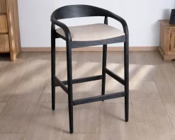 Meuble House Tabouret de bar noir design avec dosseret bois et assise rembourrée